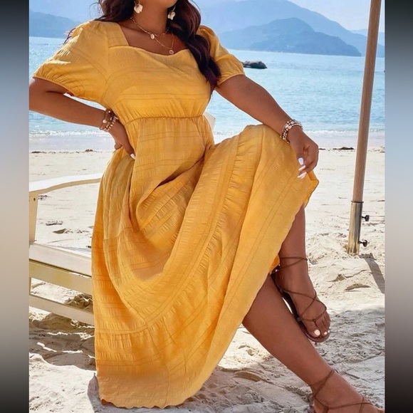 Boho plus size comfy square neck puff sleeve ruffle hem maxi dress - Picture 15 of 16